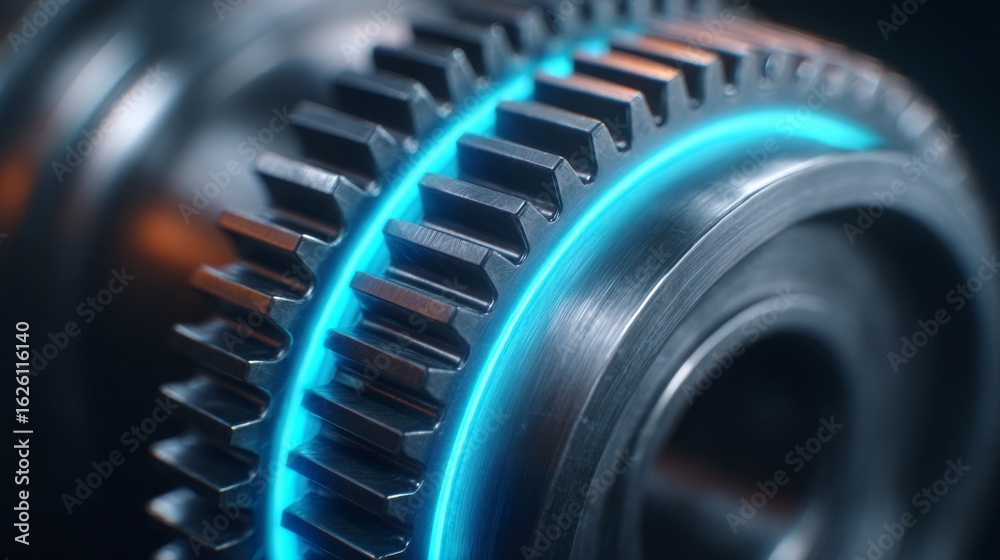 Fototapeta premium Precision Gear: A close-up view of a single industrial gear, intricately detailed with a futuristic blue glow, conveying power and mechanical prowess.