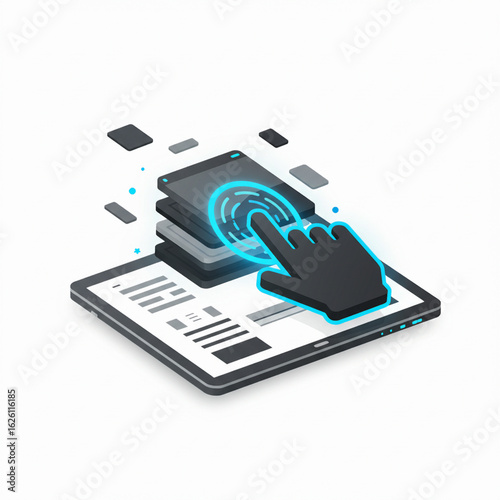Vector illustration of tablet interface with fingerprint ID and mobile devices in blue tech theme