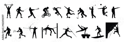Athlete black silhouettes different sports graphic set vector collection.