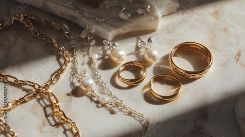 Top down closeup of minimalist modern jewelry collection silver chains pearl earrings gold bands styled on soft marble with dreamy lighting and soft shadows