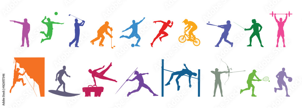 Obraz premium Colorful silhouettes of various sports disciplines athlete vector collection.