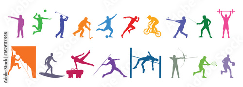 Colorful silhouettes of various sports disciplines athlete vector collection.