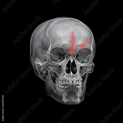 X-ray of a Human Skull with Red Highlighted Fracture Line