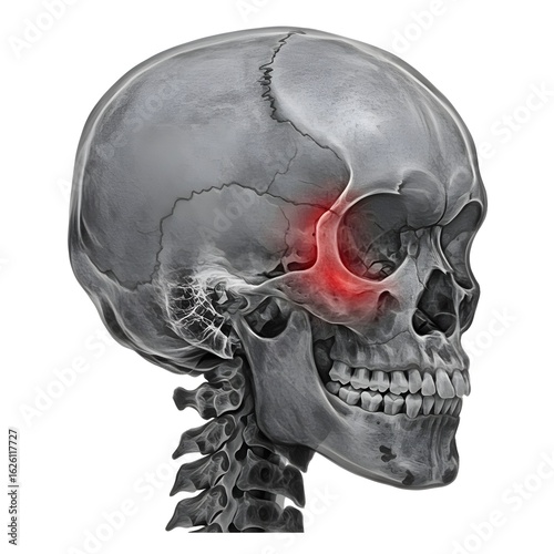 3D Render of a Human Skull with Red Highlighted Orbital Area