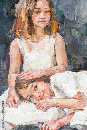 Impressionist oil painting of two girls in white dresses sharing a quiet, affectionate moment.