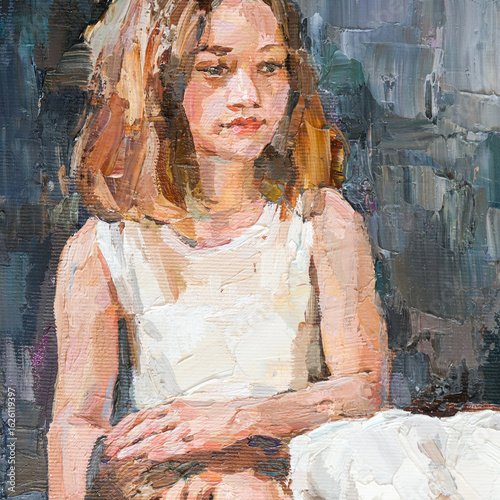 Impressionist oil painting of two girls in white dresses sharing a quiet, affectionate moment.