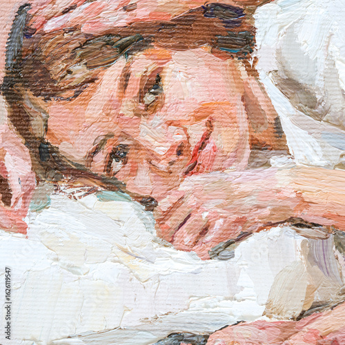 Impressionist oil painting of two girls in white dresses sharing a quiet, affectionate moment.