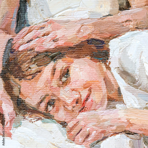 Impressionist oil painting of two girls in white dresses sharing a quiet, affectionate moment.