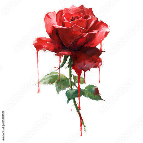 Dripping red rose sticker, on a transparent background.
