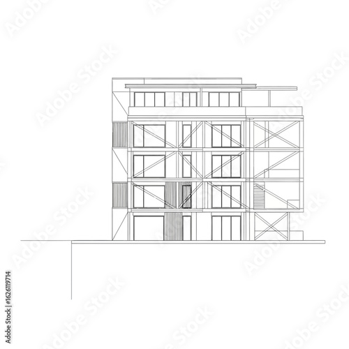 A precise architectural elevation drawing of a contemporary multi-story building, emphasizing its structural design and window patterns for construction planning.