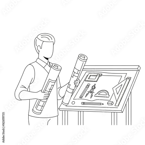 An architect or designer stands confidently holding blueprints next to a drafting table with drawing tools and plans.