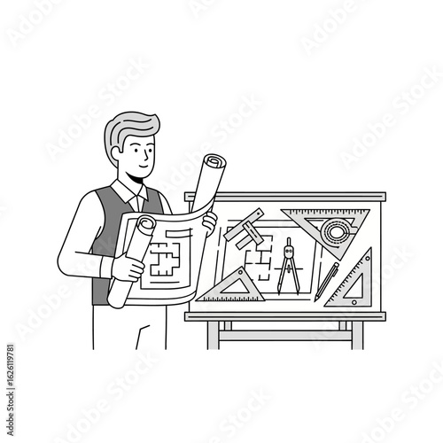 A professional male architect reviews building blueprints, standing next to a drafting table with design tools, depicted in a clean line art illustration style.