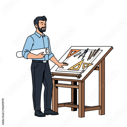 A male architect confidently presents his blueprints at a drafting table, showcasing architectural tools and design plans, embodying professionalism and expertise in the field.
