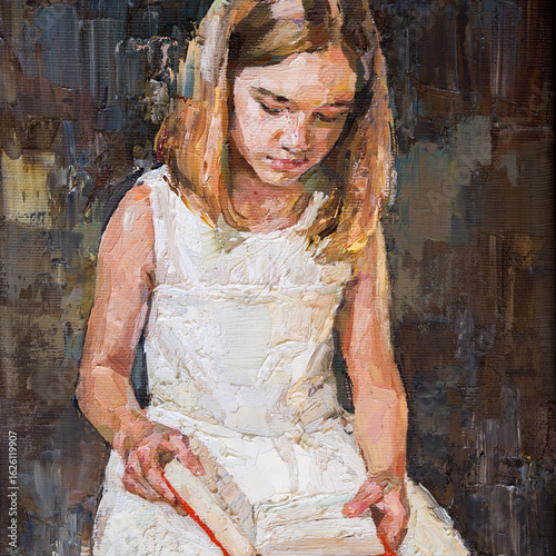  Impressionist oil painting of a young girl in a white dress reading a book.