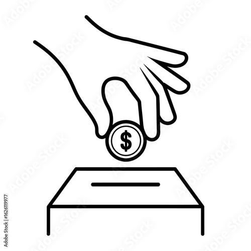 Hand placing a dollar coin into a donation box illustration symbol of charity and financial giving