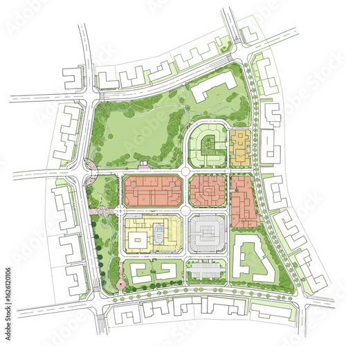 Detailed urban planning design showing a new residential development with parks and green spaces integrated into the community, creating a sustainable and eco-friendly neighborhood.