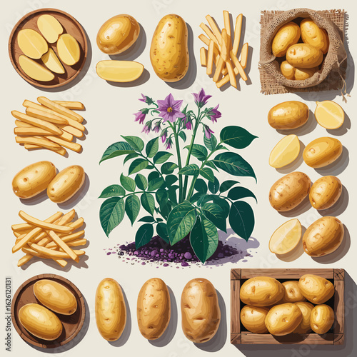 Harvested Potatoes Fresh from the Farm with Potato Plant and Culinary Preparations Presented as Food Still Life