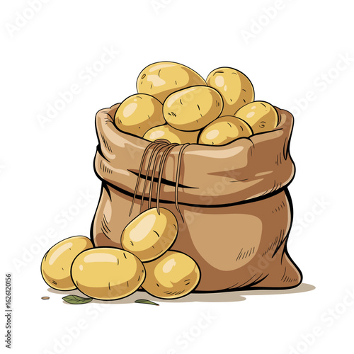 Sack of freshly harvested potatoes illustration representing agriculture and farming with healthy organic vegetables isolated on white background