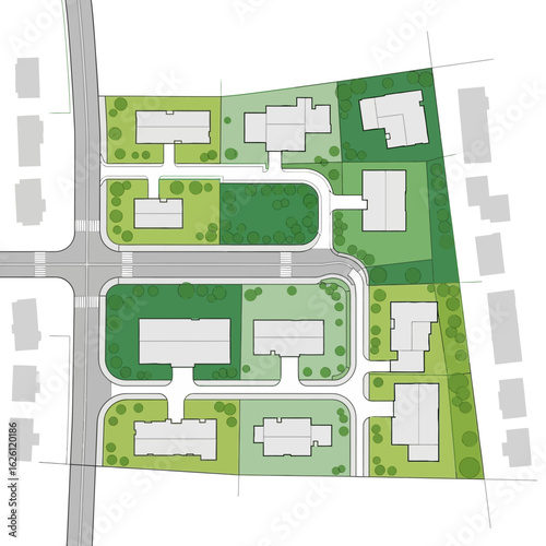 A detailed top-down schematic architectural site plan illustrates a modern residential housing development with green spaces and road infrastructure.