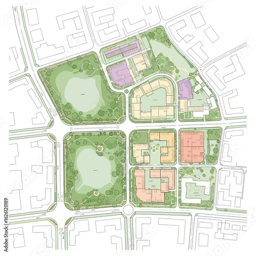 Aerial view of a modern urban development plan showcasing residential buildings, green spaces, and streets.