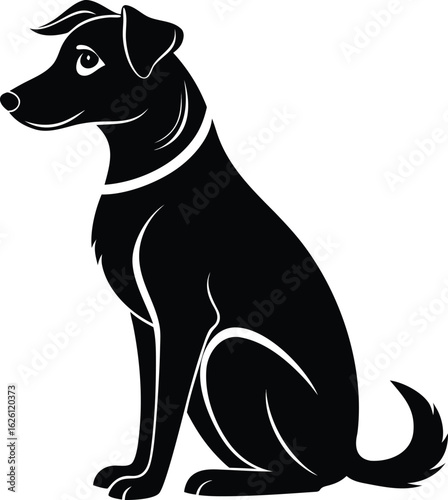 Black Silhouette of a Sitting Dog with Collar and White Outline vector illustration