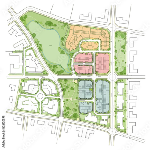 Architectural concept drawing showcases a residential neighborhood plan with green spaces, diverse housing, and a focus on community integration and sustainable urban design.