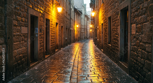 Fototapeta Naklejka Na Ścianę i Meble -  Background explore the beauty of tuscany italy streets at night with lights and rain for travel and tourism photos