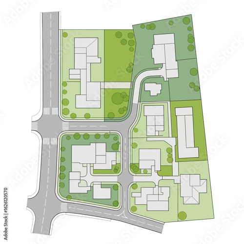 An aerial architectural plan showcases a residential neighborhood with houses, roads, green spaces, and landscaping, offering a detailed view of the urban design layout.