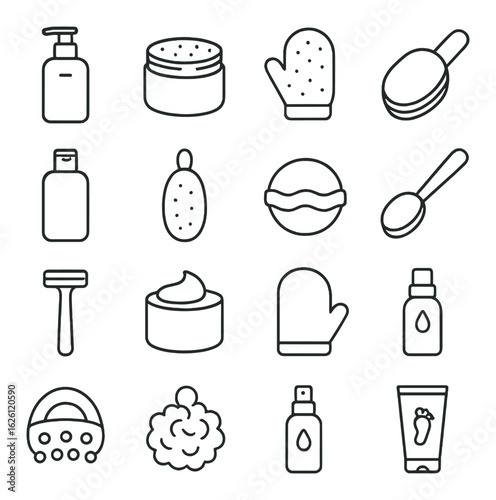 Skincare linear icon set. includes lotion, cream, scrub, sponge, razor, soap, mask, mitt, spray.