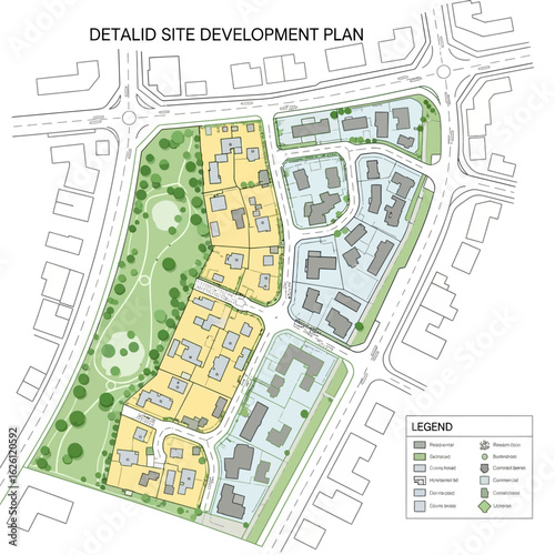 A detailed site development plan showcases a residential area with buildings, roads, and a park, illustrating urban planning and infrastructure design for future growth.