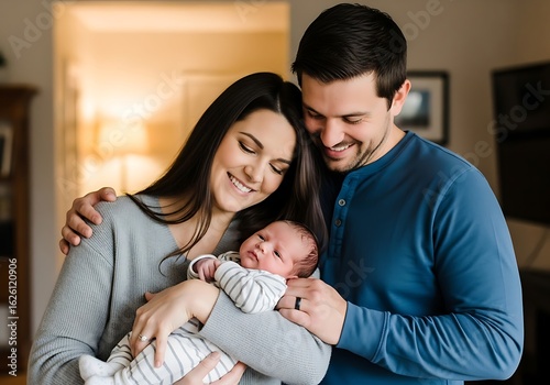 Joyful parents embrace their newborn baby with love and tenderness in a warm indoor setting