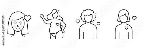 Set of body positivity line icon collection. Mental health, diversity, inclusivity, curvy body symbol.