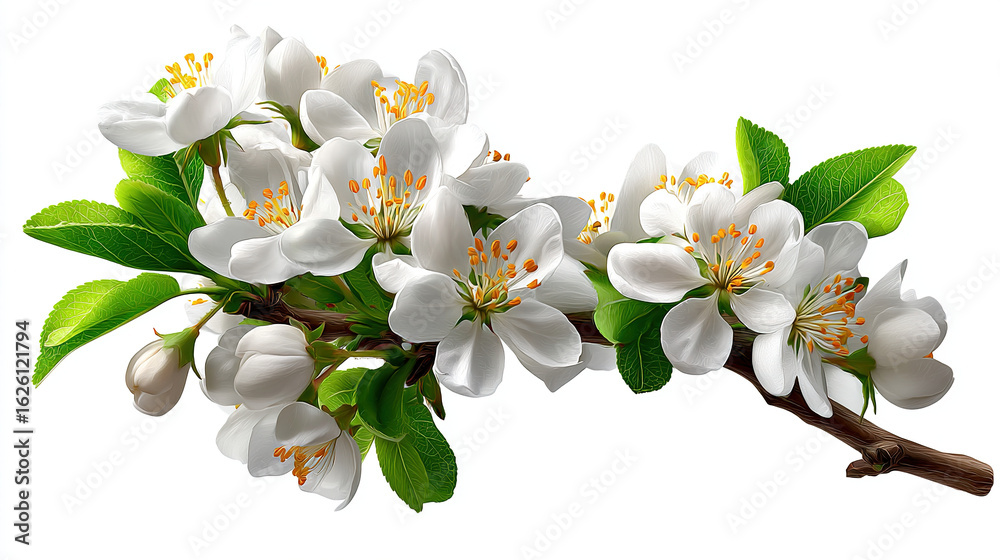 Obraz premium Delicate Blossom Branch: A close-up view of a blooming branch, adorned with fresh white blossoms, captures the serene beauty of spring, symbolizing renewal, purity.