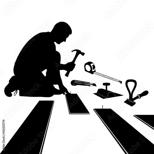 A silhouetted carpenter carefully installs flooring using various tools, creating a new surface in a clean, bright environment, highlighting construction and home improvement.