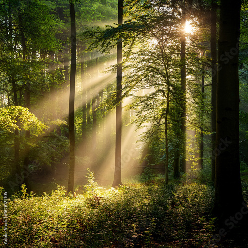 Sunlight streaming through lush green forest in morning. Peaceful natural landscape with sun rays and tall trees. Ideal for nature, wellness, and environmental themes.