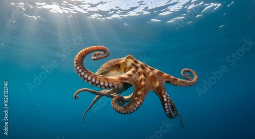 A majestic common octopus gracefully navigates the deep blue ocean, illuminated by beautiful sunbeams from above.