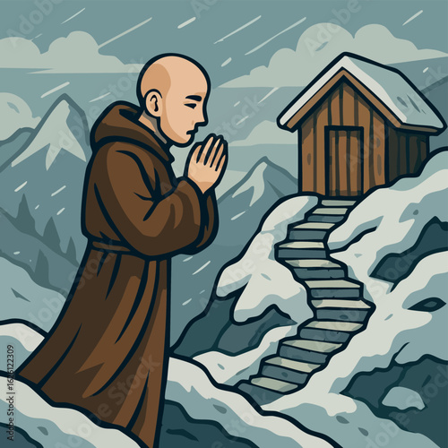 Monk Praying in Snowy Mountains