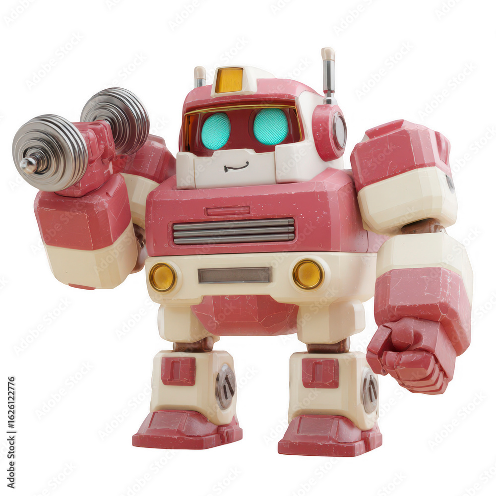 Fototapeta premium Cute, chunky robot toy in pinkish-red and cream colors, holding dumbbells