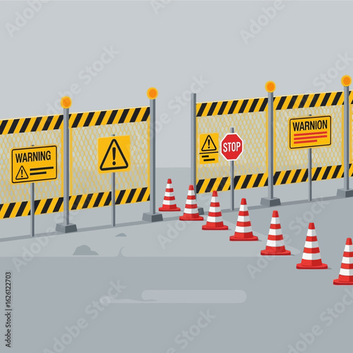 A cartoon illustration depicts a barricade with warning signs and traffic cones, signaling a construction or danger zone on a gray surface, creating a safety message.