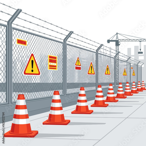 A vector illustration of a long chain-link fence with barbed wire and warning signs, accompanied by a row of orange safety cones within an urban construction zone.
