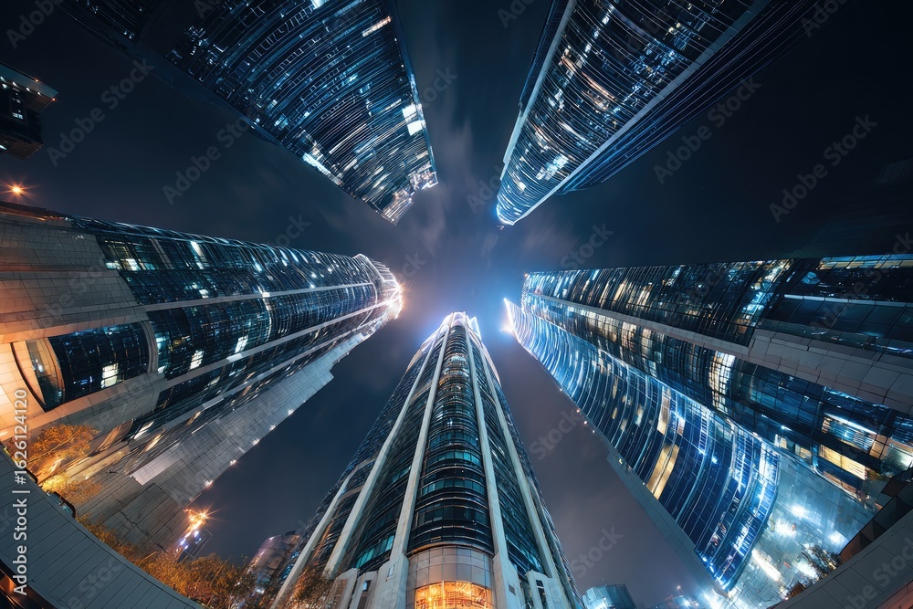 Fototapeta premium Night cityscape, looking up at skyscrapers
