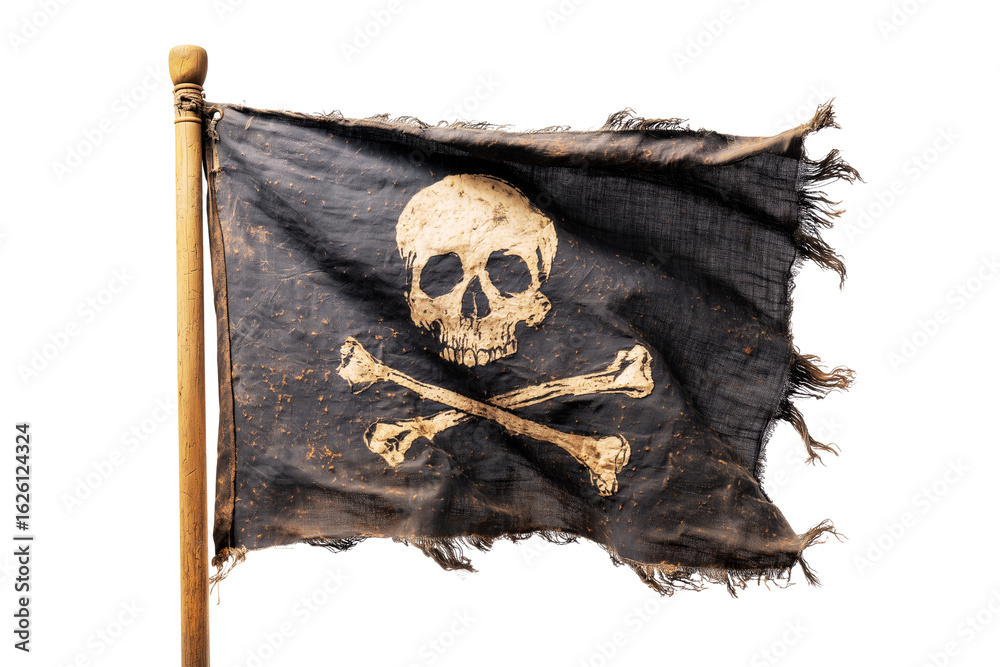 Fototapeta premium Tattered pirate flag with skull and crossbones isolated on transparent background