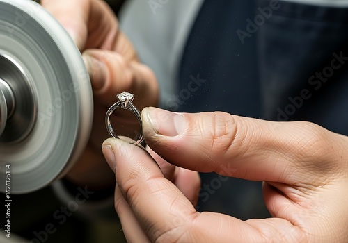 Closeup of a goldsmith polishing a diamond ring with a polishing wheel, showcasing craftsmanship and attention to detail in jewelry making