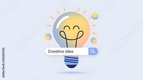 Lightbulb smile face and search bar with creative idea Concept. Searching of idea and innovation