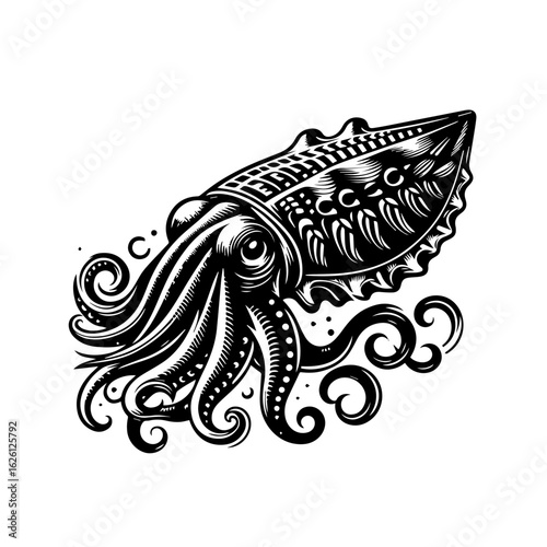 Intricate Black and White Stylized Squid Illustration.