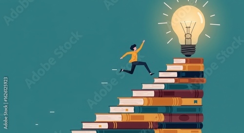 Person leaps over books to reach a lightbulb, symbolizing knowledge and inspiration.