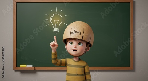 Cute Boy with Idea Helmet Points to Lightbulb on Chalkboard