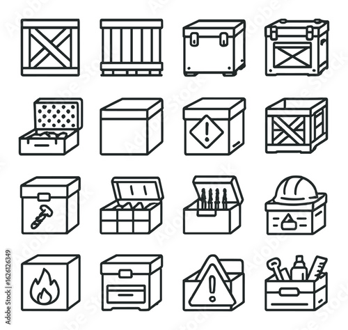Storage linear icon set. containing crate, box, container, hazard, tools, lockbox, package, helmet, fire.