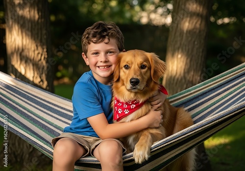 A happy boy hugging his golden retriever dog in a hammock, both are smiling and looking at the camera in a sunny summer day