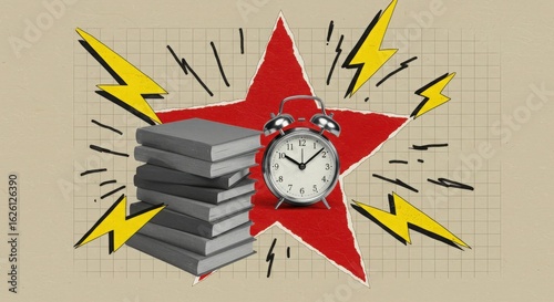 Time to Study: Books, Alarm Clock, and a Pop Art Vibe